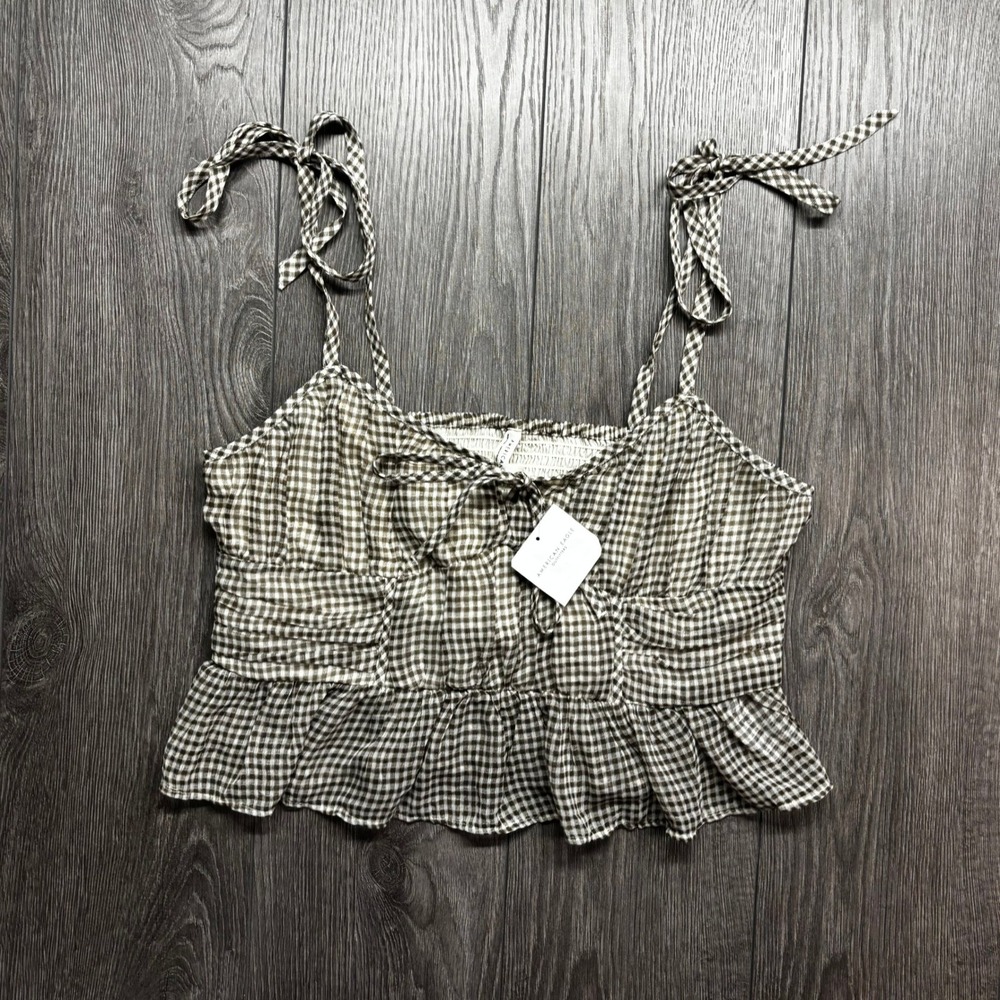American Eagle Brown Gingham Tie Strap Ruffle Peplum Smocked Crop Top Large NWT